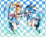  2girls apple bare_shoulders blonde_hair blue_eyes blue_hair bow_(weapon) food fruit fur_trim hair_ornament hairclip idun&amp;idunna magic multiple_girls open_mouth puzzle_&amp;_dragons quiver ratio_(ratio-d) sleeveless smile twintails weapon wink 