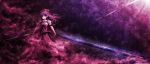  dark dual_wielding dualscreen highres long_hair ponytail purple_hair ribbon shushio sword touhou wallpaper watatsuki_no_yorihime weapon 