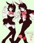  black_hair boots bow bunnygirl coa cuffs dress harumichihiro pants red_eyes short_hair usagimimi 