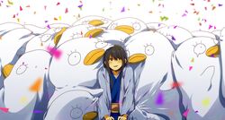  1boy bird black_hair confetti elizabeth_(gintama) gintama japanese_clothes katsura_kotarou long_hair multiple_others nuriko-kun otoko_no_ko smile 