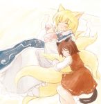  animal_ears artist_request blonde_hair brown_hair cat_ears cat_tail catgirl chen closed_eyes dress earrings fox_ears fox_tail foxgirl game hug jewelry kitsunemimi kyubimimi kyuubi lilyran multiple_girls multiple_tails nekomata nekomimi no_hat no_headwear ran short_hair sleeping tabard tail tail_hug touhou yakumo_ran 