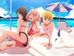  3girls :d ahoge arcueid_brunestud ass bad_feet bare_legs barefoot beach beckon bikini blonde_hair bloom breasts cloud crossover eyebrows eyebrows_behind_hair eyes fate/stay_night fate_(series) frills front-tie_top hair_ribbon kara_no_kyoukai large_breasts looking_back multiple_girls one-piece_swimsuit open_mouth ribbon ryougi_shiki saber shingetsutan_tsukihime side-tie_bikini sideboob sitting sky smile soles swimsuit tsukihime tsukumo umbrella underboob wet yokozuwari 