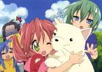  absurdres ahoge animal blue_eyes blue_hair blush cathead cherry_(lucky_star) cuddling dog green_eyes green_hair highres horiguchi_yukiko hug iwasaki_minami izumi_konata kobayakawa_yutaka licking long_hair lucky_star multiple_girls official_art open_mouth scan short_hair surprised sweatdrop tamura_hiyori tongue twintails wink 