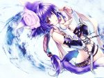  belt blue_hair braid corset gloves long_hair nekomimi no_panties pink_eyes plait purple_hair red_eyes rose scarf violet_eyes wallpaper 