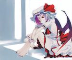  1girl bare_feet bat_wings blue_hair bonnet gradient_hair jpeg_artifacts medium_hair painted_nails parted_lips pointed_ears red_eyes remilia_scarlet ribbon sitting solo thighs touhou wings 