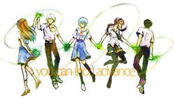  ayanami_rei blue_hair brown_hair closed_eyes evangelion:_2.0_you_can_(not)_advance glasses hairband holding_hands ikari_shinji long_hair makinami_mari_illustrious multiple_girls nagisa_kaworu necktie neon_genesis_evangelion orange_hair pantyhose plaid plaid_skirt rebuild_of_evangelion school_uniform shikinami_asuka_langley short_hair silver_hair skirt souryuu_asuka_langley twintails 