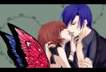  1boy 1girl blue_eyes blue_hair brown_eyes brown_hair butterfly_wings couple hetero holding_hands kaito lipstick magnet_(vocaloid) meiko nail_polish short_hair totono vocaloid wings 
