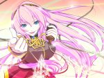  breasts haru_aki lens_flare long_hair looking_at_viewer megurine_luka microphone nail_polish open_mouth pink_hair pointing samfree_(&quot;night&quot;_songs) smile vocaloid wallpaper wire 