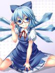  1girl adjusting_glasses bespectacled blue_dress blue_eyes blue_hair bug_(artist) cirno dress glasses grin highres ice ice_wings looking_at_viewer puffy_sleeves red-framed_glasses shirt short_sleeves sitting smile solo touhou wariza wings 