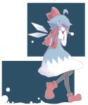  1girl absurdres ahoge blue_eyes blue_hair bow cirno dress flashlight hair_bow hat highres ice ice_wings naru-1 ribbon scarf short_hair smile snow solo touhou wings 