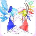  barefoot blonde_hair blue_hair bow cirno closed_eyes doll_joints dress flandre_scarlet hair_bow hat lowres minama multiple_girls short_hair side_ponytail skirt symmetry touhou wings 