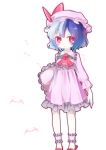  absurdres ankle_cuffs bat blue_hair bow colored_eyelashes curtain cushion expressionless eyelashes frills gathers hasainomado hat highres holding night nightgown no_nose pillow red_eyes remilia_scarlet short_hair slippers touhou 