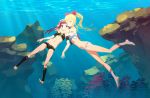  2girls absurdres bare_shoulders barefoot blonde_hair bow breast_press breasts feet flat_chest hair_bow highres hug large_breasts legs long_hair marin midiman multiple_girls pink_hair ponytail toeless_socks umi_monogatari underwater urin_(umi_monogatari) 