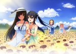  akiyama_mio bad_id bangs black_hair blonde_hair blunt_bangs blush breasts brown_hair butterfly cleavage closed_eyes dress flower flower_field hairband hat hime_cut hirasawa_yui k-on! kotobuki_tsumugi li_(liras) long_hair multiple_girls nakano_azusa short_hair sun_hat sundress sunflower tainaka_ritsu twintails 