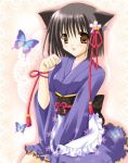   :3 bell black_hair blush brown_eyes butterfly flower kimono nekomimi short_hair  