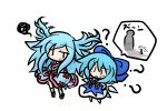  2girls blue_hair blush chibi cirno hair_ribbon multiple_girls original ribbon sashiromiya_sasha touhou translated wings yanagi_(artist) |_| 