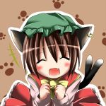  blush cat_ears cat_tail chen closed_eyes earrings fang hat jewelry kazura multiple_tails open_mouth ribbon short_hair smile solo tail touhou 