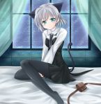  bed black_legwear black_pantyhose cat_ears cat_tail green_eyes makino_(artist) makino_(ukiuo) necktie pantyhose sanya_v_litvyak short_hair silver_hair strike_witches tail 