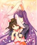  animal_ears bunny_ears hug inaba_tewi long_hair multiple_girls purple_hair rabbit_ears red_eyes reisen_udongein_inaba shiroaisa short_hair touhou traditional_media watercolor watercolor_(medium) 