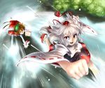  animal_ears bad_id benihana brown_hair cat_ears cat_tail chasing chen detached_sleeves geta hat inubashiri_momiji kurenaiha multiple_girls multiple_tails red_eyes running short_hair tail tengu-geta thigh-highs thighhighs tokin_hat touhou white_hair wolf_ears wolf_tail 