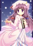  bangs blunt_bangs blush book hat light_particles long_hair open_hand patchouli_knowledge pikazo purple_eyes purple_hair robe snowing solo striped touhou violet_eyes 