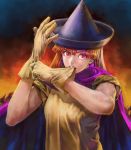  cape curly_hair diolemonde dragon_quest dragon_quest_iv gloves hat highres mouth_hold muscle orange_hair red_eyes solo witch_hat 