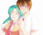  1boy 1girl bad_id blush closed_eyes couple green_hair hand_holding higurashi_no_naku_koro_ni holding_hands long_hair maebara_keiichi necktie o_kawa ponytail sonozaki_mion 