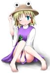  bad_feet baerun barefoot blonde_hair blue_eyes covering covering_crotch frog hat moriya_suwako short_hair skirt_tug tongue touhou wink 