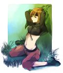  1girl 70sk bad_id belt boots brown_eyes brown_hair cape grass gym_leader headband impossible_shirt midriff natane_(pokemon) pokemon pokemon_(game) pokemon_dppt short_hair shorts 