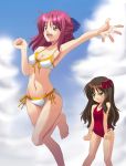  arima_miyako armpits barefoot bikini brown_hair cloud feet front-tie_top green_eyes hands highres kohaku kohatsuka long_hair melty_blood multiple_girls one-piece one-piece_swimsuit orange_eyes red_hair redhead short_hair side-tie_bikini sky swimsuit toes tsukihime 