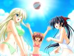  \o/ arms_up asaba_yuu ball beachball bikini black_hair blonde_hair breasts brown_hair cloud flat_chest game_cg green_eyes hanamori_hinata kimi_to_koishite_musubarete large_breasts lens_flare multiple_girls one-piece one-piece_swimsuit orange_eyes outstretched_arms polka_dot polka_dot_bikini polka_dot_swimsuit ponytail purple_eyes short_hair sky sora_kirishima swimsuit violet_eyes wink yanagi_nao 