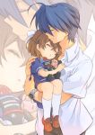  1boy 1girl blue_eyes blue_hair brown_hair carrying clannad closed_eyes father_and_daughter highres ka-no okazaki_tomoya okazaki_ushio robot sailor_dress short_hair toy watch zoom_layer 