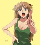  breasts cleavage hand_on_hip highres long_hair neon_genesis_evangelion pointing red_hair redhead simple_background souryuu_asuka_langley tank_top 