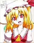  1girl ascot blonde_hair flandre_scarlet fuyuno_taka looking_at_viewer open_mouth red_eyes simple_background smile solo touhou traditional_media 