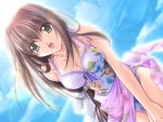  brown_hair cleavage cloud dutch_angle from_below game_cg green_eyes hand_on_thigh leaning_forward lens_flare long_hair one-piece one-piece_swimsuit open_mouth sarong sky swimsuit twin_way yamamoto_kazue 