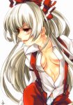  bad_id breasts cleavage fujiwara_no_mokou long_hair open_clothes open_shirt red_eyes shirt silver_hair simple_background solo suke suspenders touhou 
