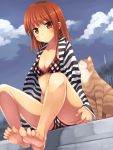  1girl bikini blush cat feet kouno_hikaru looking_at_viewer orange_hair original red_eyes short_hair sitting solo swimsuit 