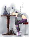  beer bottle drunk grey_hair headband long_hair midriff nabeshima_tetsuhiro red_eyes silver_hair sketch stool table translated vocaloid voyakiloid yowane_haku 