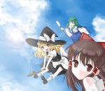  bad_id blonde_hair bow braid broom brown_eyes brown_hair creamfully detached_sleeves frog green_hair hair_ornament hakurei_reimu hat kirisame_marisa kochiya_sanae multiple_girls short_hair sky snake touhou witch_hat yellow_eyes 