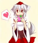  1girl animal_ears blush detached_sleeves eyebrows_visible_through_hair female gift hat heart holding holding_gift inubashiri_momiji natui present red_eyes short_hair silver_hair simple_background solo tail tokin_hat touhou wolf_ears wolf_tail 
