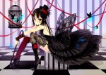  bad_id bangs black_eyes black_hair blunt_bangs breasts butterfly cage cane dress flower gloves hat hime_cut k-on! lace long_hair mini_top_hat newrein sideboob sitting skirt solo striped thigh-highs thighhighs top_hat wings 