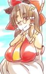  1girl animal_ears ascot bow brown_eyes brown_hair cosplay detached_sleeves finger_to_mouth futatsuiwa_mamizou glasses hair_bow hair_tubes hakurei_reimu hakurei_reimu_(cosplay) highres pince-nez raccoon_ears shirane_koitsu smile touhou wink 