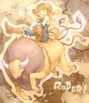  1girl boots cow_girl cowboy_hat green_eyes hat overalls pokemon pokemon_(creature) rope spurs tauros twintails western yapo_(mess) 