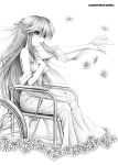  dress flower hair_ribbon highres long_hair monochrome ribbon sayori sketch wheelchair 