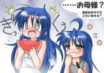  :3 blue_hair blush food fruit gaketsu ghost green_eyes hitodama izumi_kanata izumi_konata long_hair lucky_star surprise translation_request watermelon 