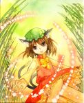  bamboo bamboo_forest blonde_hair cat_ears cat_tail chen danmaku earrings forest hat jewelry multiple_tails nature shiroaisa tail touhou traditional_media watercolor watercolor_(medium) 