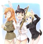  agahari animal_ears black_hair blonde_hair blue_eyes bunny_tail charlotte_e_yeager erica_hartmann eyepatch gertrud_barkhorn long_hair multicolored_hair multiple_girls no_pants ponytail rabbit_ears sakamoto_mio school_swimsuit shinai short_hair smile strike_witches swimsuit sword tail two-tone_hair uniform weapon wink 