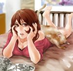  barefoot bed breasts brown_eyes brown_hair cat cleavage collarbone fingernails lips lying nail_polish nails noisy_town original solo sweater 