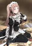  1girl blue_eyes brown_hair daniel_macgregor dish felicia_(fire_emblem_if) finger_in_mouth fire_emblem fire_emblem_if food food_on_clothes fruit long_hair maid maid_headdress ponytail solo strawberry tray 