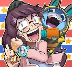  1girl black_hair cardigan constricted_pupils creepy gashi-gashi glasses gun_to_head long_hair misora_inaho open_cardigan open_clothes round_glasses tears usapyon violet_eyes youkai_watch youkai_watch_3 